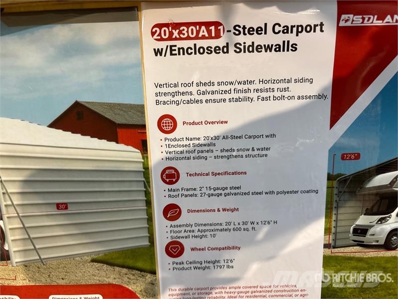 SDLC2030FT 20 ft x 30 ft Enclosed Carport (Unused) Stahlrahmenaufbauten