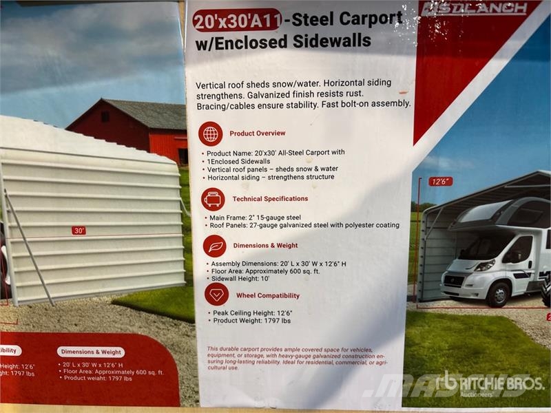 SDLC2030FT 20 ft x 30 ft Enclosed Carport (Unused) Steel frame buildings