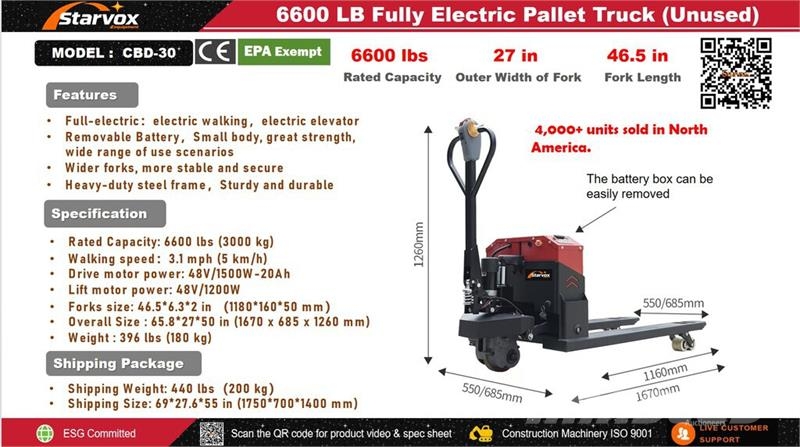 STARVOX CBD-30 6600 lb Electric Pallet Jack (Unuse Rokas palešu ratiņi