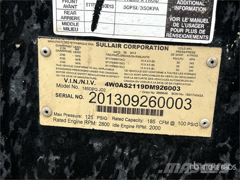 Sullair 185DPQ JD2 185 cfm Mobile Air Compressor (Inoperab Kompressorer
