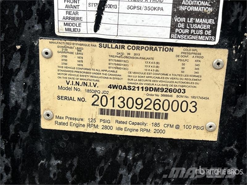 Sullair 185DPQ JD2 185 cfm Mobile Air Compressor (Inoperab Kompressorer