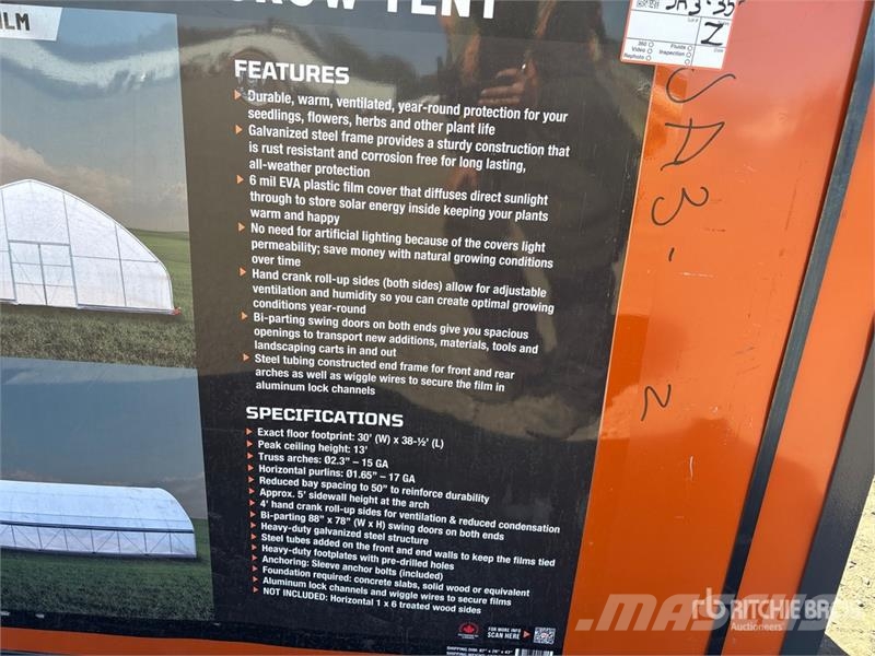 TMG GH3040 30 ft x 40 ft Greenhouse (Unused) Andre komponenter