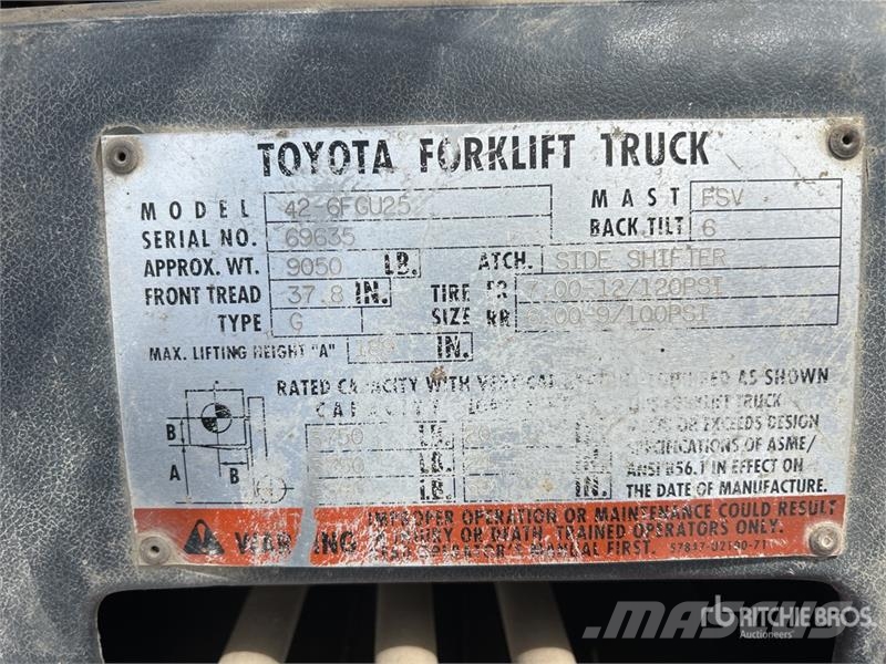Toyota 42-6FGU25 3750 lb Pneumatic Tire Forklift Gaffeltrucker - Annet
