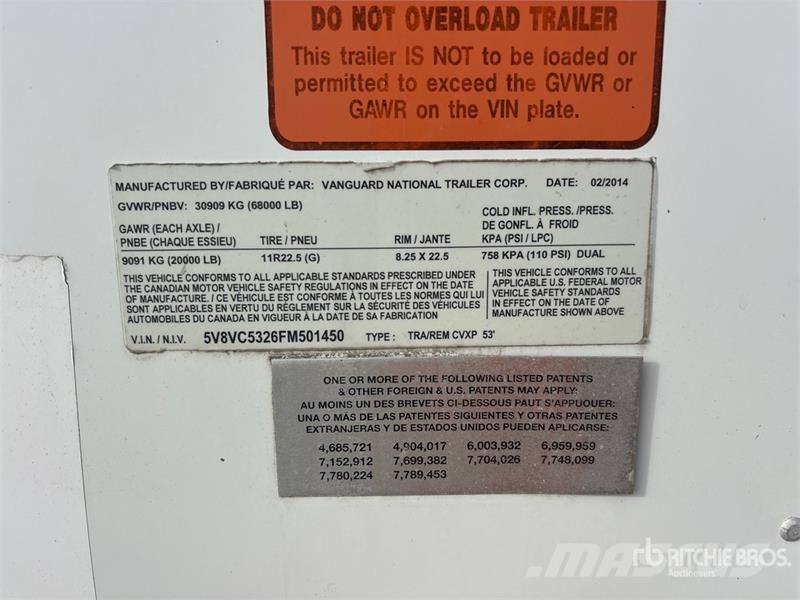 Vanguard 53 ft x 102 in T/A Van Trailer Fast kasse