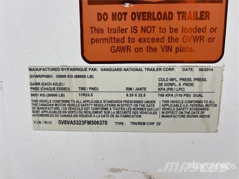 Vanguard 53 ft x 102 in T/A Heated Van Trailer Fast kasse