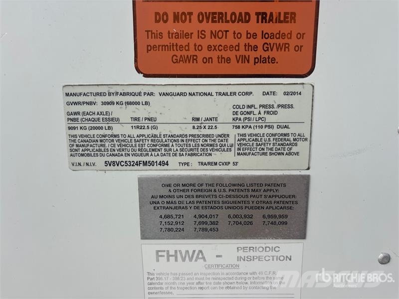 Vanguard 53 ft x 102 in T/A Van Trailer Fast kasse
