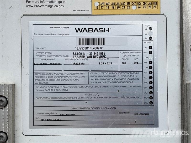 Wabash 53 ft x 102 in T/A Van Trailer ボックスボディートレーラー