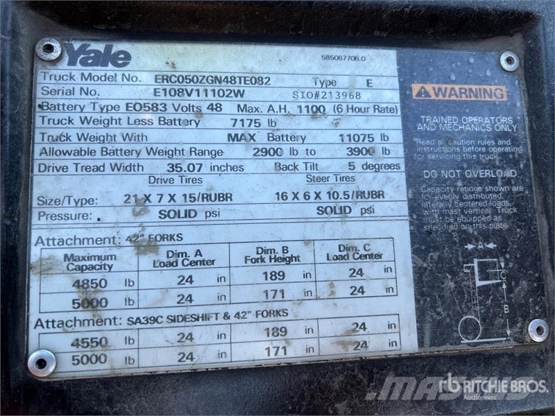 Yale ERC050ZGN48TE082 5000 lb Electric Forklift Elektrostapler