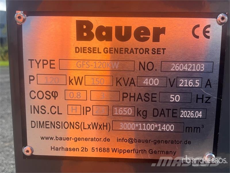 Bauer GFS-120 ATS 150 kVA Generator Set (Unused) Dīzeļģeneratori