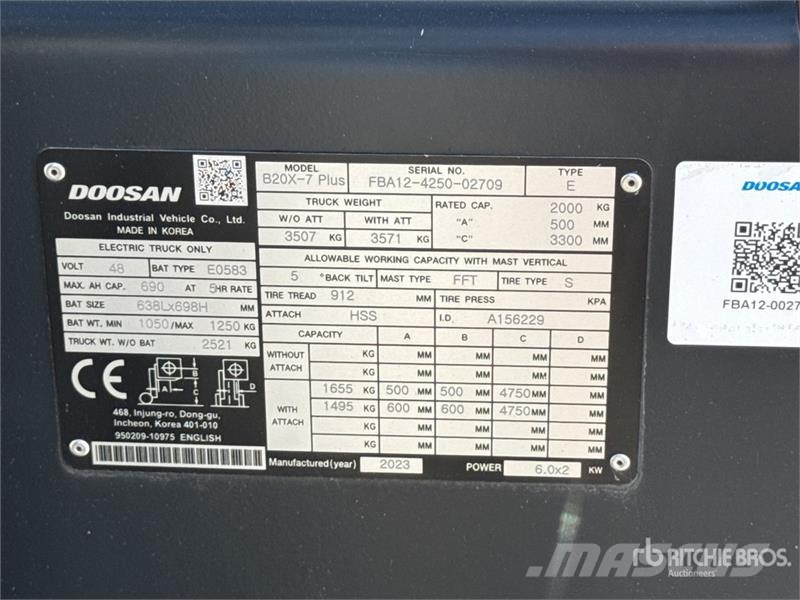Doosan B20X-7 Plus 2000 kg Chariot Elevateur Electric For شاحنات ذات رافعات شوكية تعمل بالكهرباء