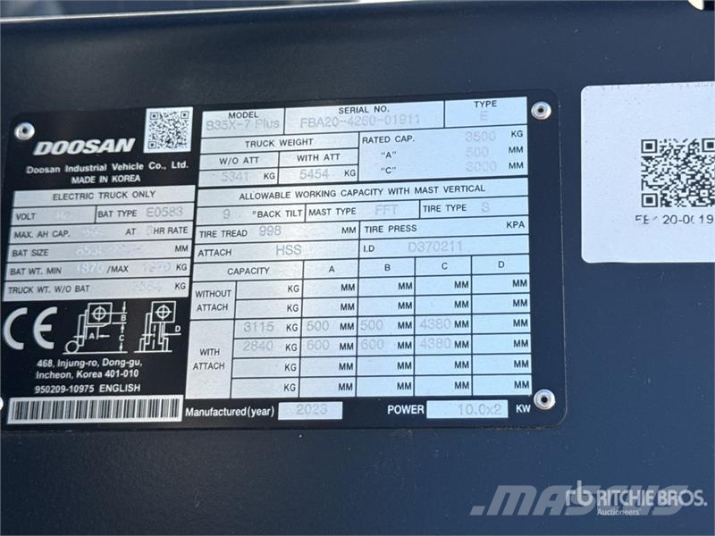 Doosan B35X-7 PLUS 3500 kg Chariot Elevateur Electric For شاحنات ذات رافعات شوكية تعمل بالكهرباء