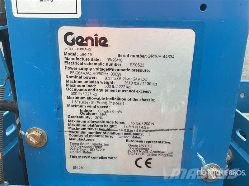 Genie GR15 Vertical Mast Lift (Inoperable) رافعات السارية الرأسية