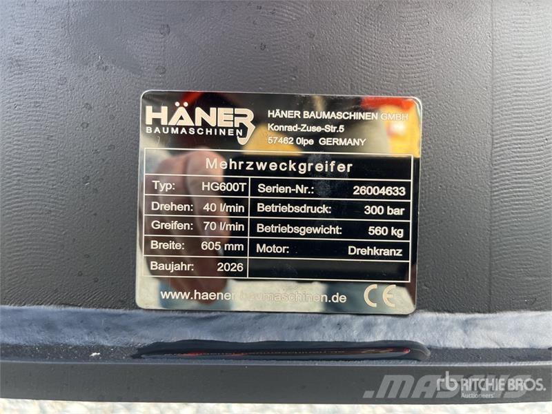  Haener HG600T Rotating Excavator Grapple (Unused) Pašgrābji