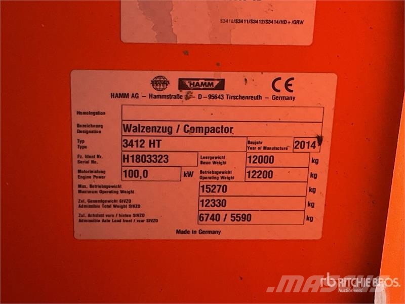 Hamm 3412HT Smooth Drum Compactor Valjci sa jednim bubnjem