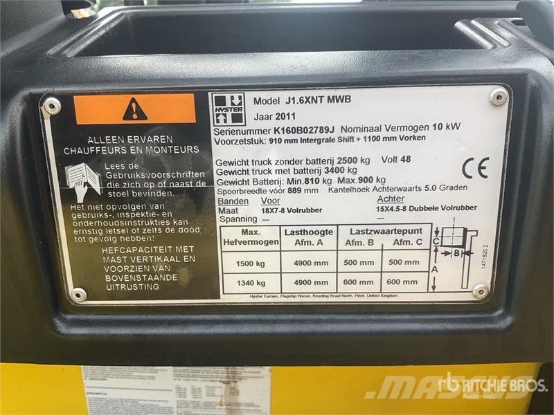 Hyster J1.6XNT MWB 1500 kg Electric Forklift (Inoperable) Elektromos targoncák