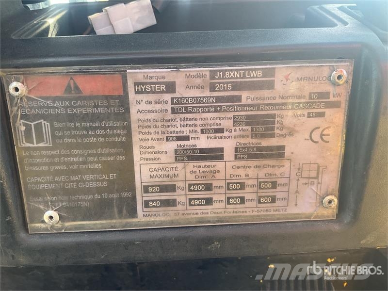 Hyster J1.8XNT LWB 1600 kg Electric Forklift (Inoperable) Elektrische heftrucks