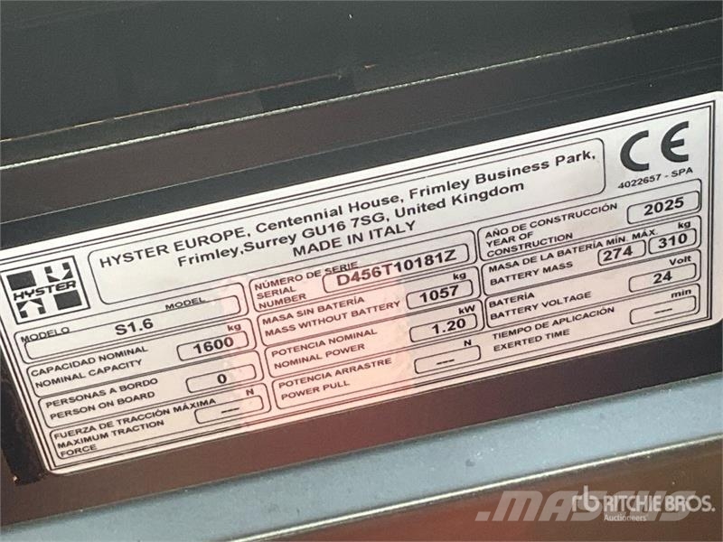 Hyster S1.6 Electric Stacker (Unused) Самохідні електроштабелери