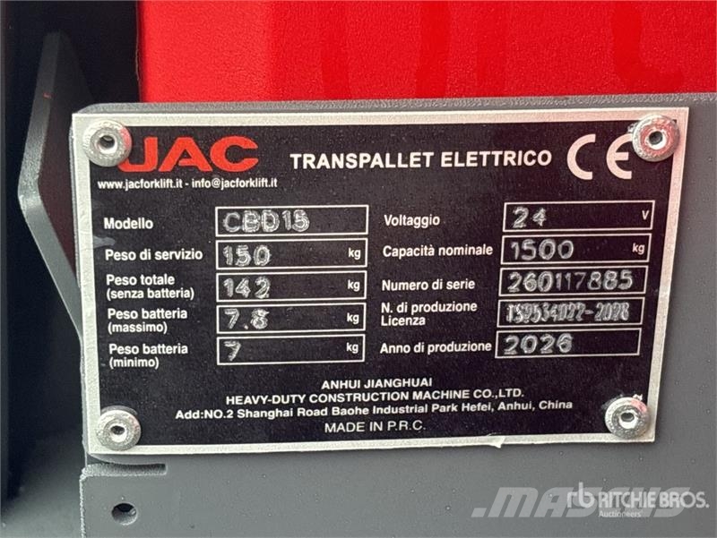 JAC CBD15 1500 kg Electric Pallet Jack (Unused) Jekketralle