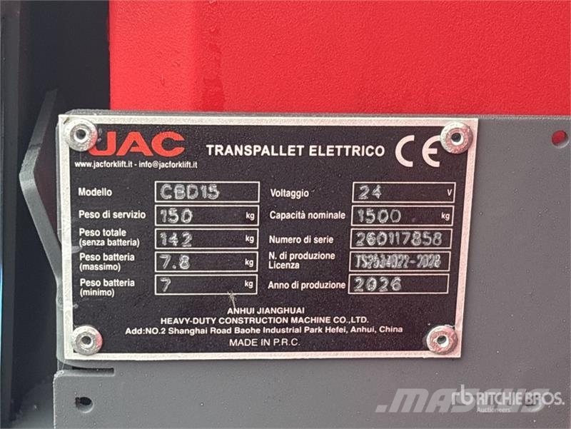 JAC CBD15 1500 kg Electric Pallet Jack (Unused) Pumppukärryt