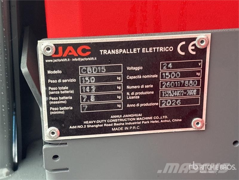 JAC CBD15 1600 kg Electric Pallet Jack (Unused) Pumppukärryt