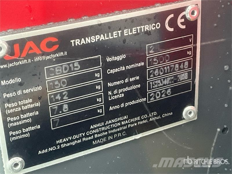 JAC CBD15 Electric Pallet Jack (Unused) Kézi raklapemelő