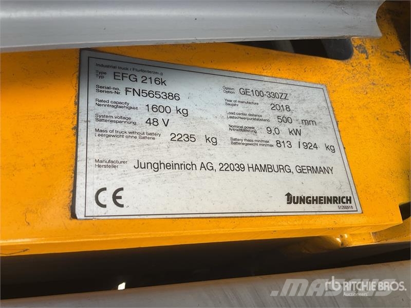 Jungheinrich EFG216K 1600 kg 3 Wheel Electric Forklift Carretillas de horquilla eléctrica