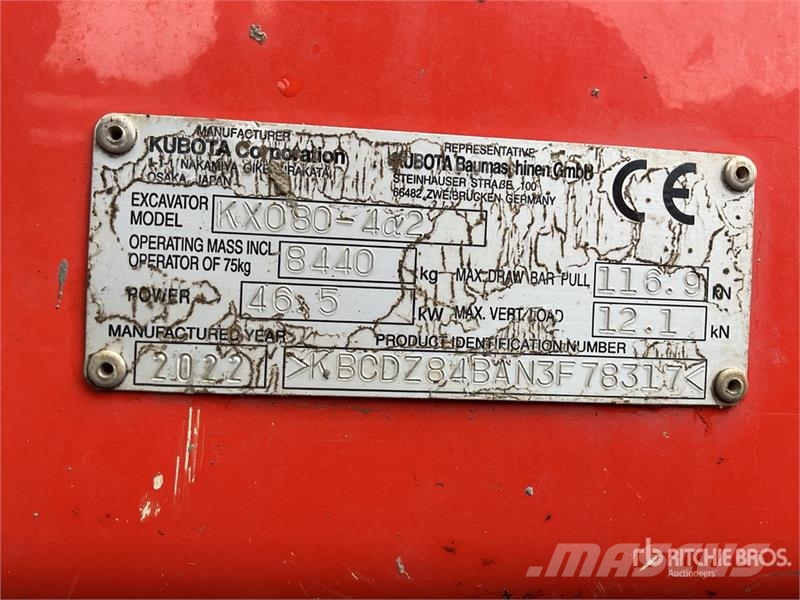 Kubota KX080-4a2 Tracked Excavator Kāpurķēžu ekskavatori