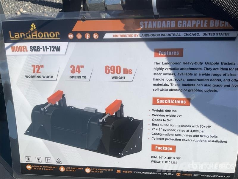 Landhonor SGB-11-72W Hydraulic Skid Steer Grapple Bucket (Un Grijpers