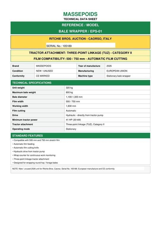 Massepoids EPS-01 Bale Wrapper Bale Wrapper (Unuse Inplastare