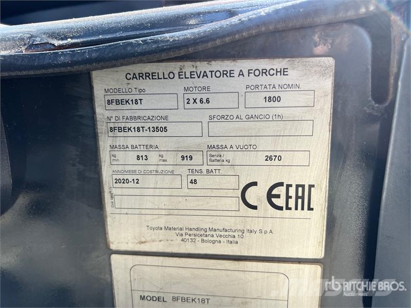 Toyota 8FBEK18T 1800 kg Electric Forklift Електрически вилични кари-повдигачи