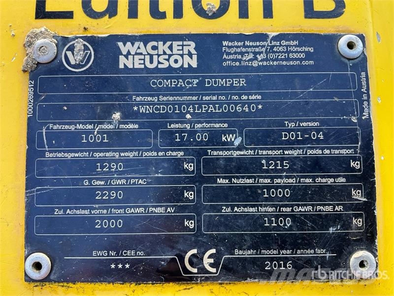 Wacker Neuson 1001 1 ton 4x4 Hi-Tip Dumper Site dumpers