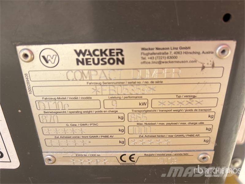 Wacker Neuson DT10e 1 ton Walk-Behind Motobasculeur Electrique D Site dumpers