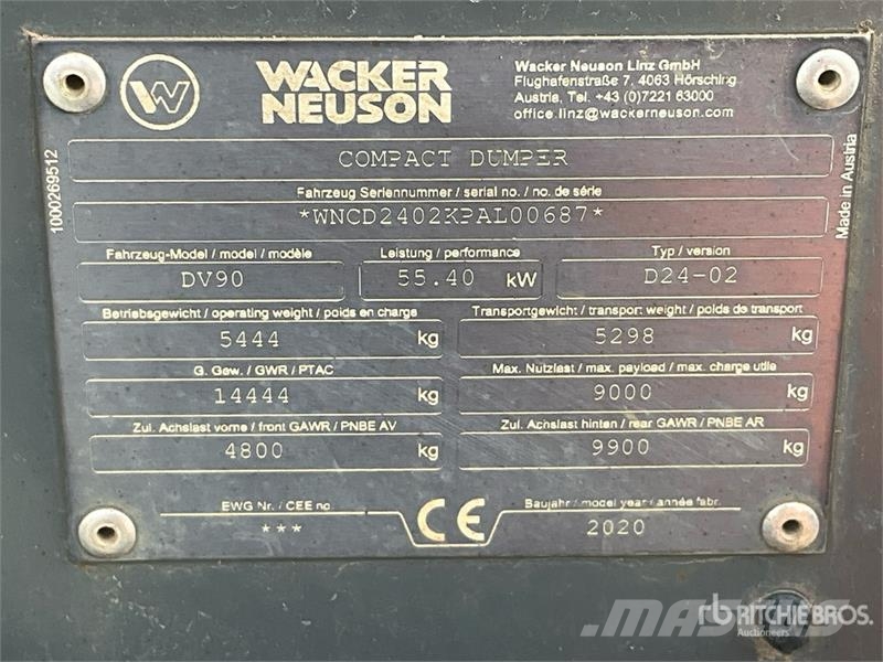 Wacker Neuson DV90 9 ton 4x4 Swivel Dumper Demperi za gradilišta