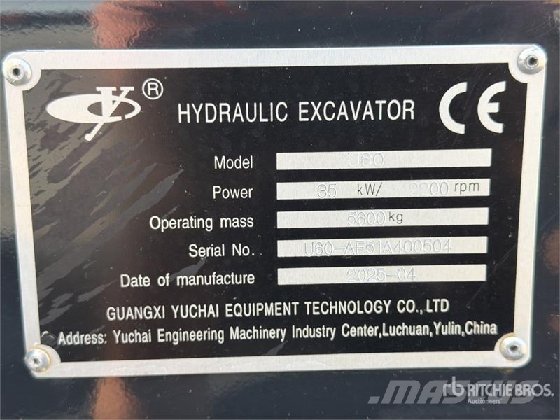 Yuchai U60 Mini Excavator (Unused) حفارات صغيرة أقل من 7 طن (حفارات صغيرة)