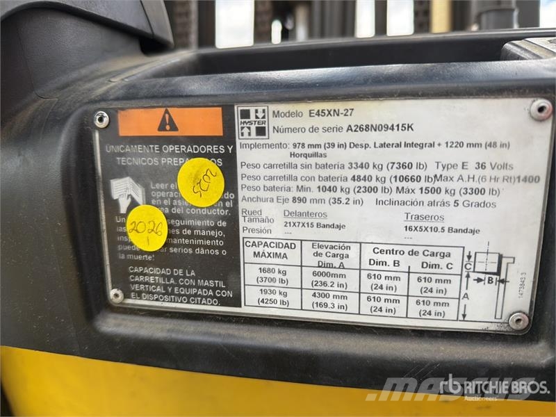 Hyster E45XN 4250 lb Montacargas Electrico / Electric For Električni viljuškari