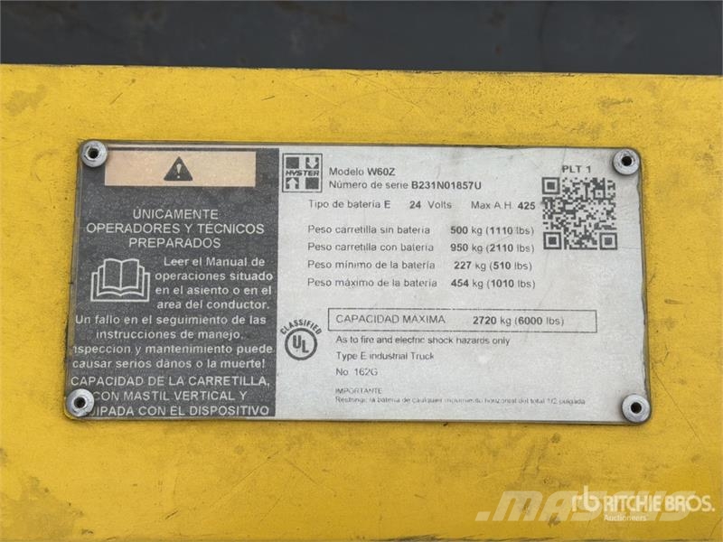 Hyster W60Z 6000 lb Electric Montacargas de Patin / Palle Transpalette manuel