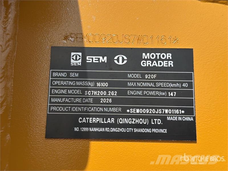 SEM 920F Motoconformadora (Sin Usar) / Motor Grader (U Grejderi