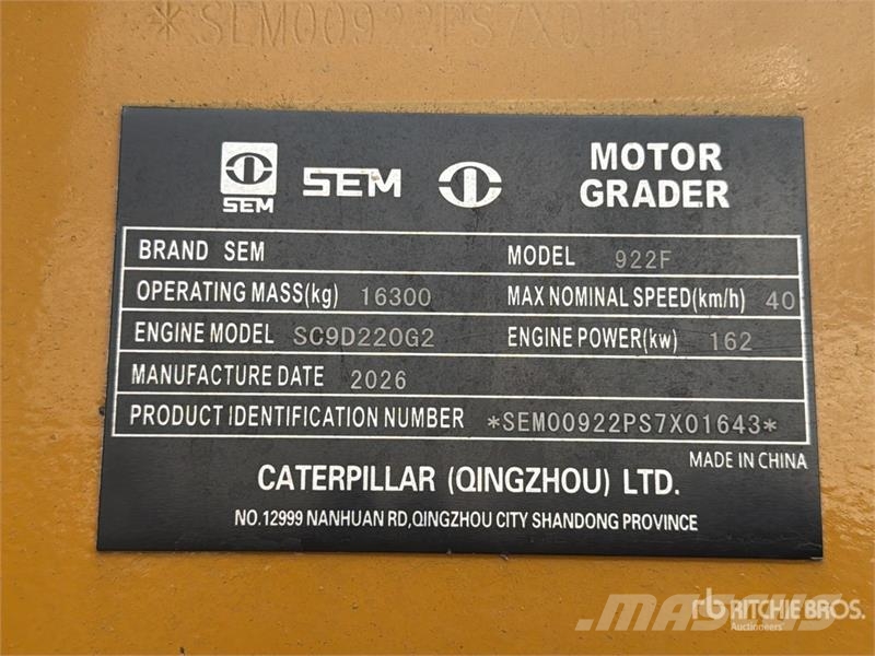 SEM 922F Motoconformadora (Sin Usar) / Motor Grader (U Grejdery