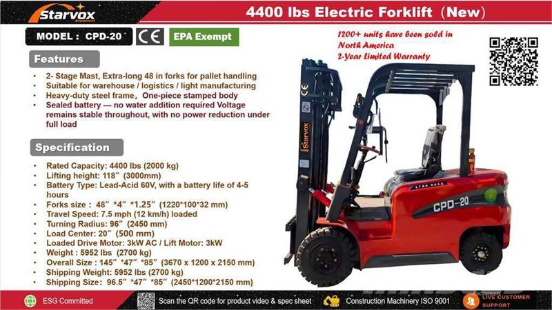  STARVOX CPD-20 4400 lb Montacargas Electrico (Sin  Carretillas de horquilla eléctrica