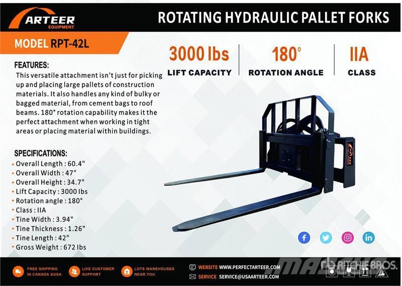 Arteer RPT-42L 60 in Rotating Hydraulic Skid Steer Forks  Паллетные вилы для фронтальных погрузчиков