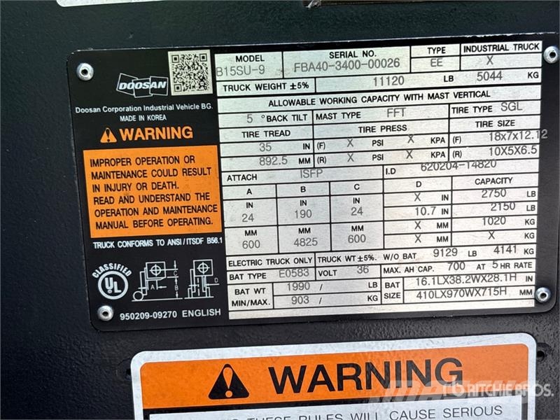 Doosan B15SU-9 2750 lb Electric Forklift Sähkötrukit