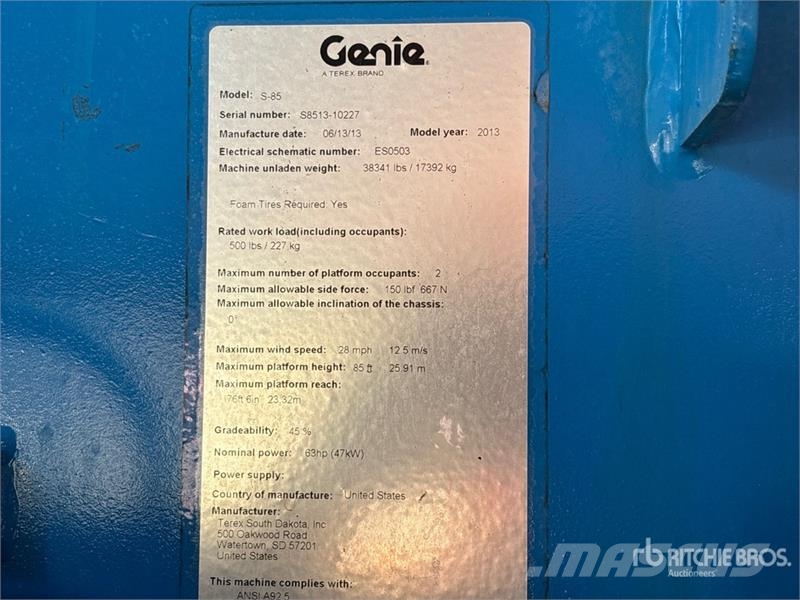 Genie S-85 4WD Diesel Telescopic Boom Lift Plataformas con brazo de elevación telescópico