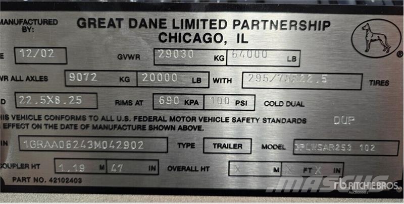 Great Dane GPLWSAR253 102 53 ft T/A Spread Axle Flatbed Trail Planhengere