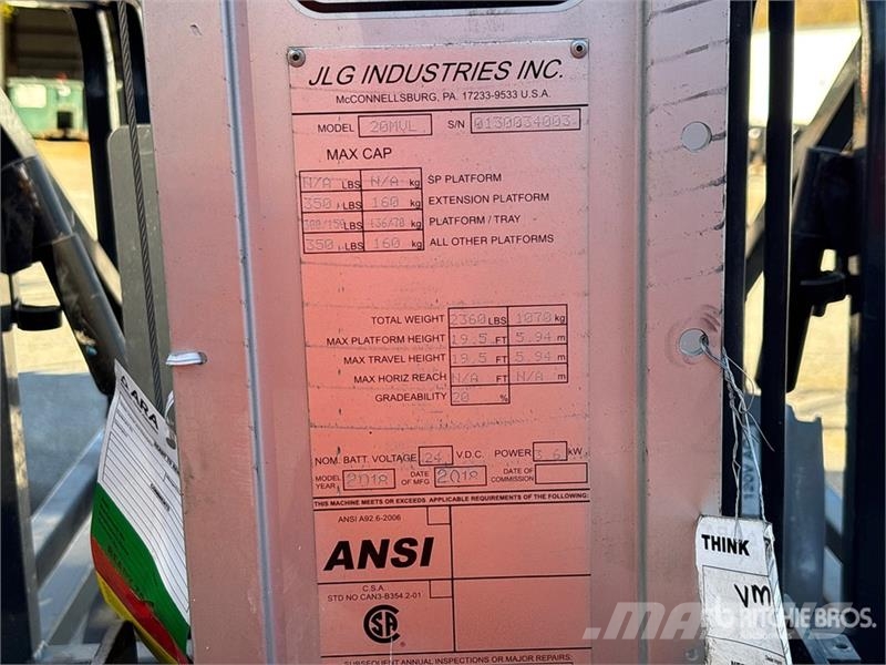 JLG 20MVL Vertical Mast Lift (Inoperable) 垂直昇降型リフト