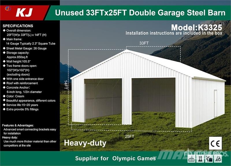KJ K3325 25 ft x 33 ft Double Garage Metal (Unused) Stalen constructies
