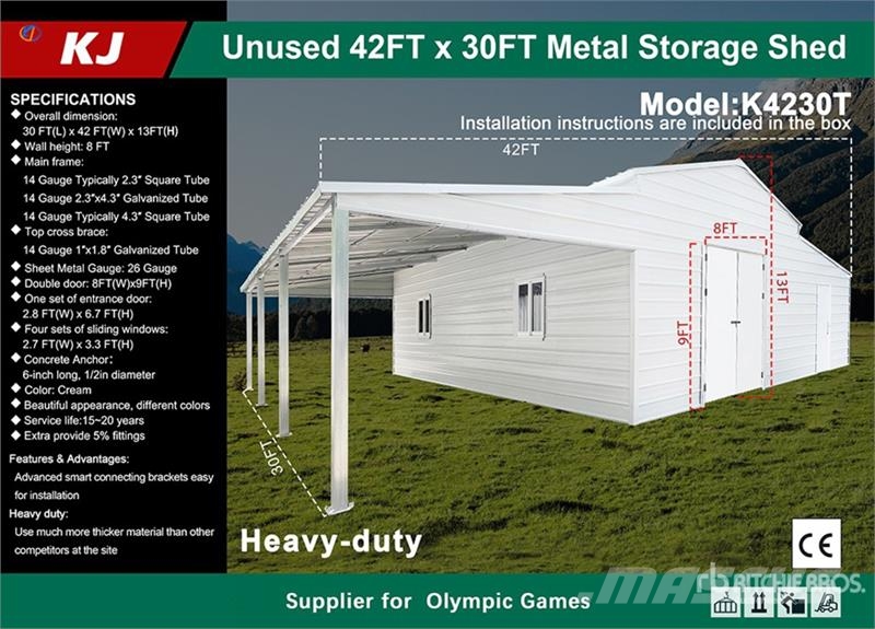 KJ K4230T 42 ft x 30 ft Metal Storage Shed (Unused) Stalen constructies