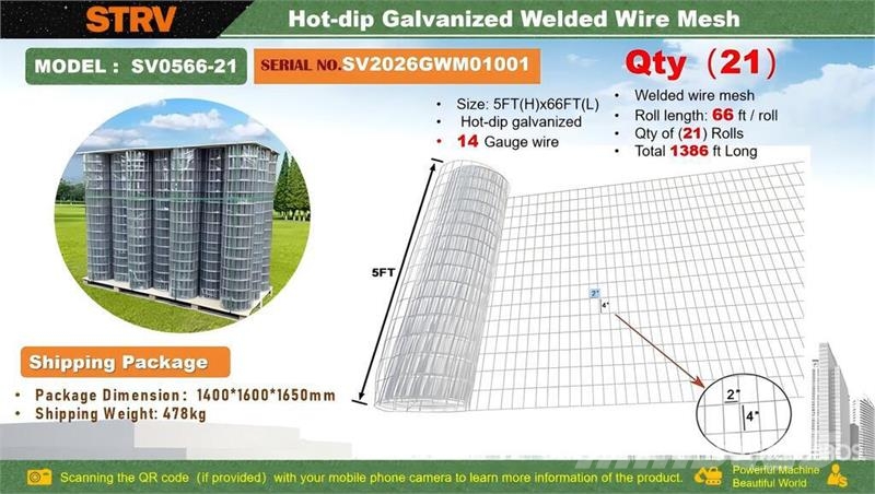  Quantity of  STARVOX SV0566-21 66 ft x 5 ft Hot-di Fencing equipment