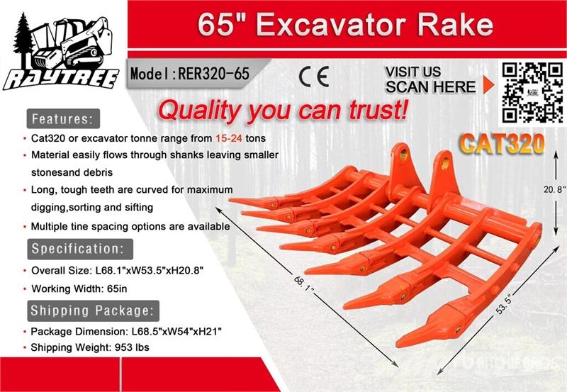 Raytree RER320-65 65 in Excavator Rake - Fits Cat Rakes and tedders