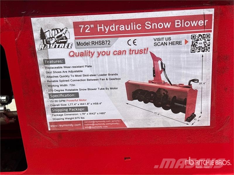  Raytree RHSB72 72 in Skid Steer Snowblower (Unused Snøfresere