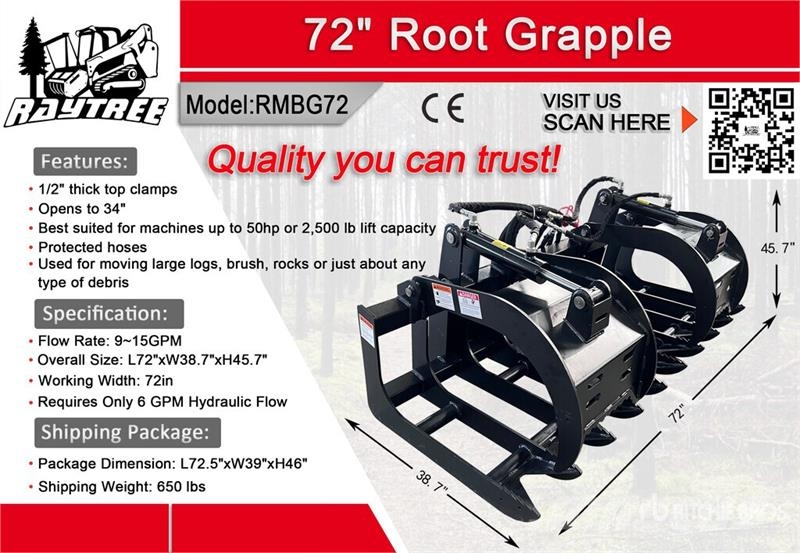 Raytree RMBG72 72 in Root Skid Steer Grapple (Unus Grabilice